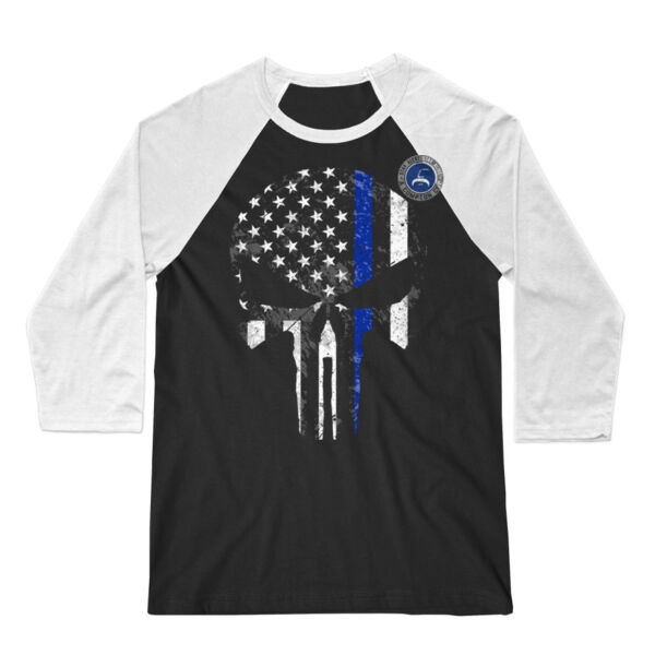 BLUE LINE SKULL - PREMIUM UNISEX 3/4 SLEEVE RETRO RAGLAN - BLACK/WHITE Thumbnail