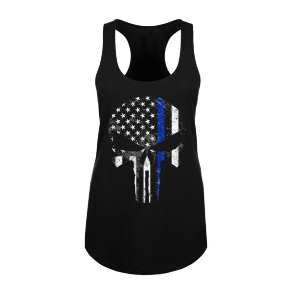 BLUE LINE SKULL - PREMIUM WOMEN'S RACERBACK TANK TOP - BLACK Thumbnail