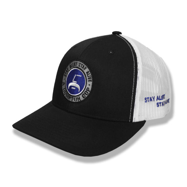 A COMPTON COP - SIGNATURE HAT - LOGO FRONT "STAY ALERT STAY ALIVE" SIDE - BLACK/WHITE Thumbnail