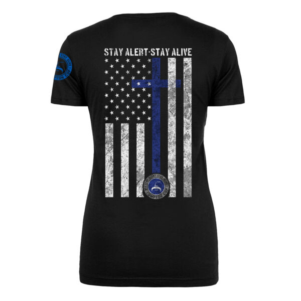 CROSS BLUE LINE FLAG - PREMIUM WOMEN'S S/S TEE - BLACK Thumbnail