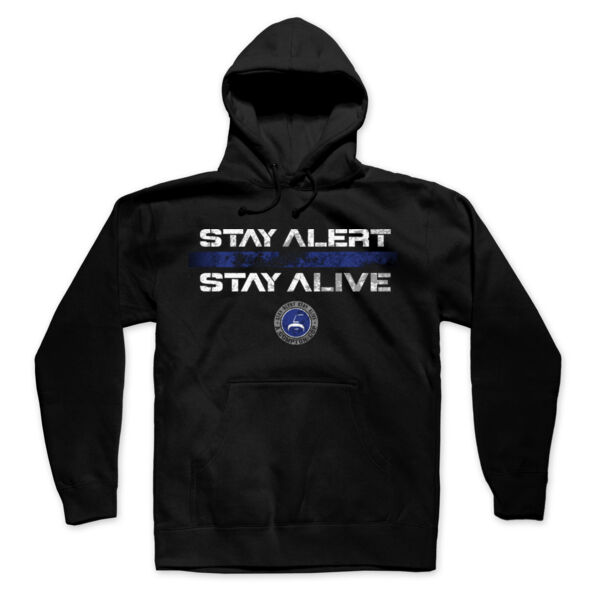 STAY ALERT STAY ALIVE FADED BLUE LINE - PREMIUM UNISEX PULLOVER HOODIE - BLACK Thumbnail
